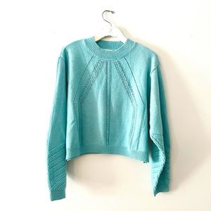 Club Monaco Teal Blue Patterned Slouchy Sweater with balloon sleeves in size L